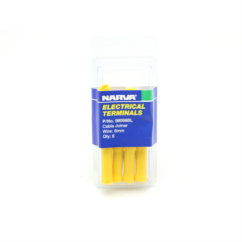 Narva 5-6mm Yellow Flared Vinyl Fully Insulated Cable Joiners (Butt Splice), 8 Pack