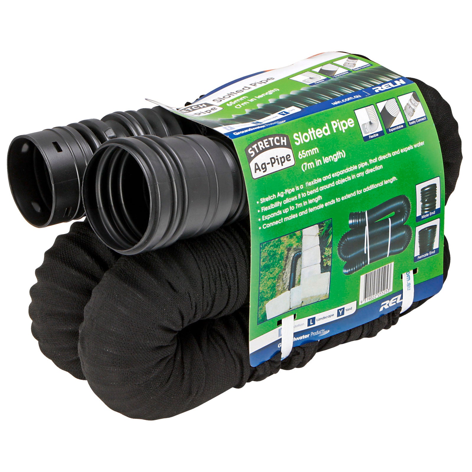 Reln 65mm x 7m Slotted and Socked Stretch Ag-Pipe Groundwater Drainage