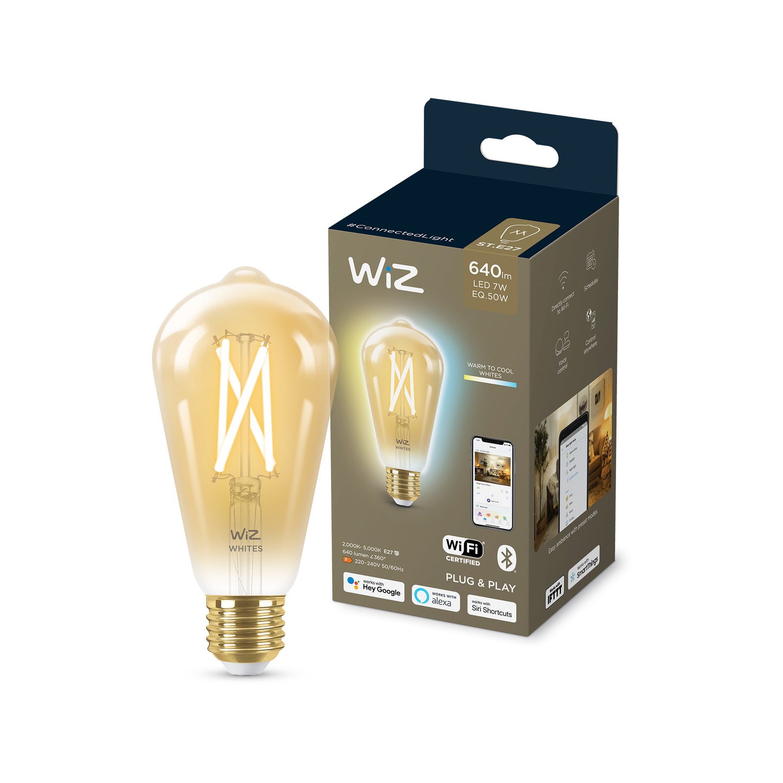 WiZ ST64 E27 LED 7W 640lm Tuneable White Smart Filament Globe 929003018701