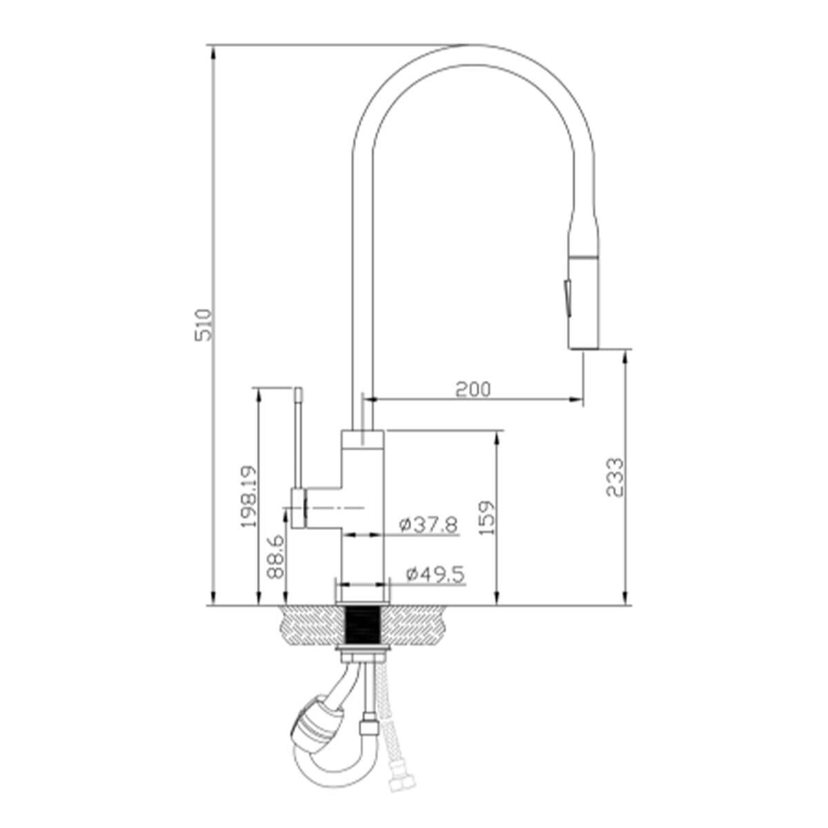 Artusi gooseneck mixer tap with pull out hose - electroplated matt black - 6 star WELS - ASM201B