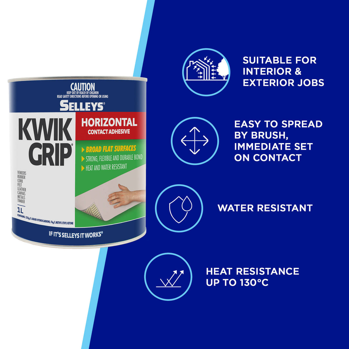 Selleys 1L Kwik Grip Horizontal Contact Adhesive - Solvent-Based, Instant Bond