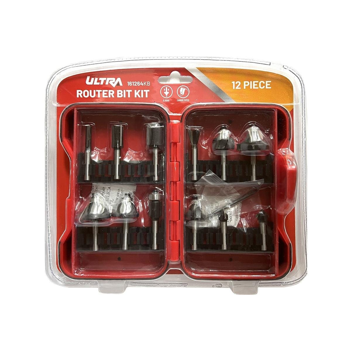 Ultra Router Bit Set 12 Piece 6.4mm Tungsten Carbide Tipped 1/4 Shaft in Storage Box