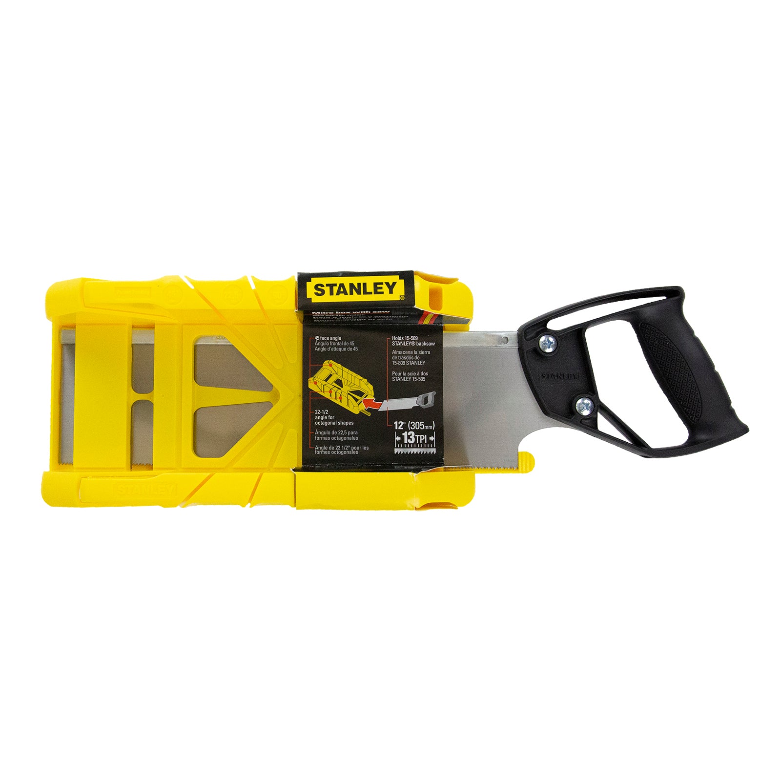 Stanley 12" 305mm Mitre Box with Back Saw, Yellow, 90°/45°/22.5° Cuts