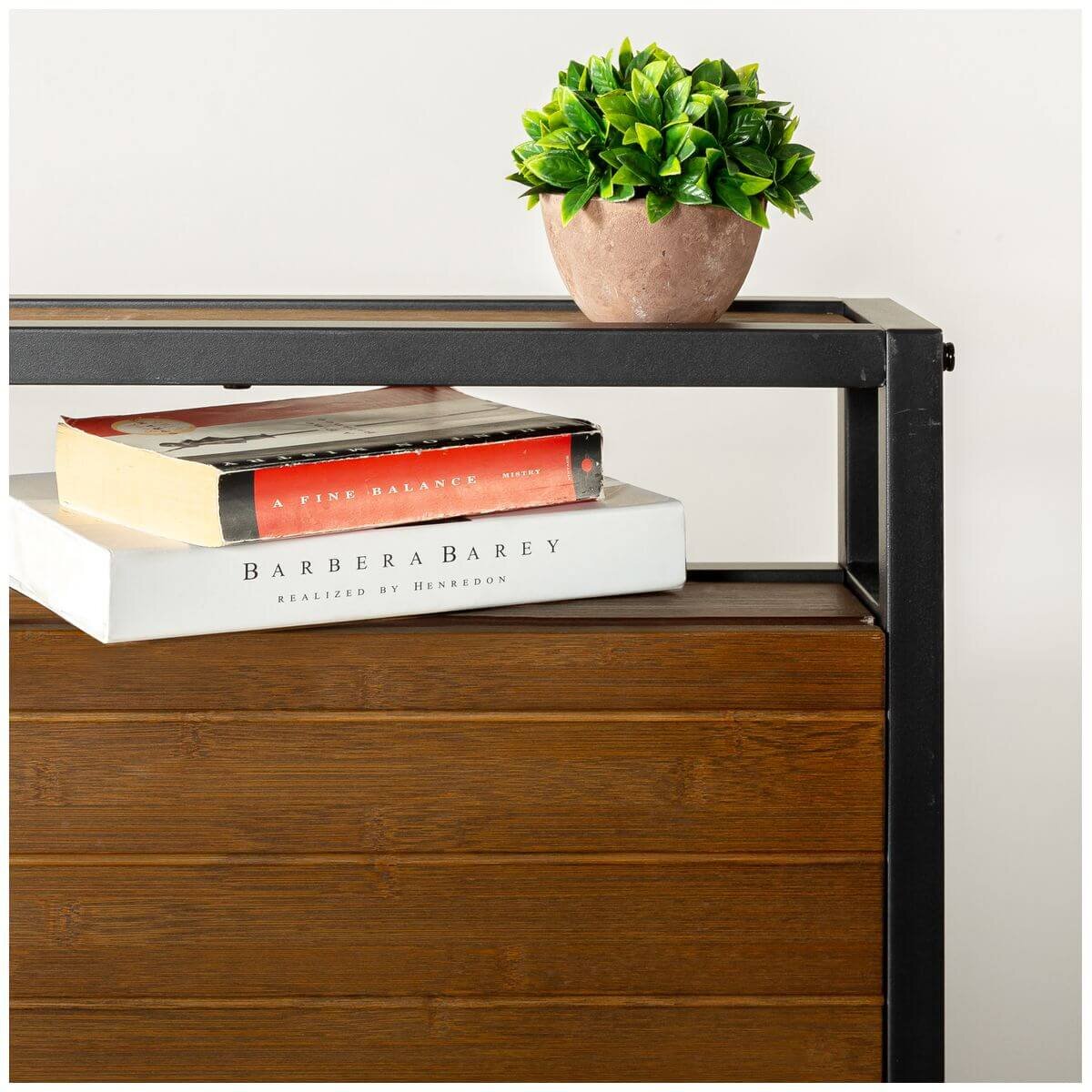 Zinus Ironline Queen wood and metal bed frame - headboard shelf, built-in USB ports, brown - AU-IRPBHS-14Q