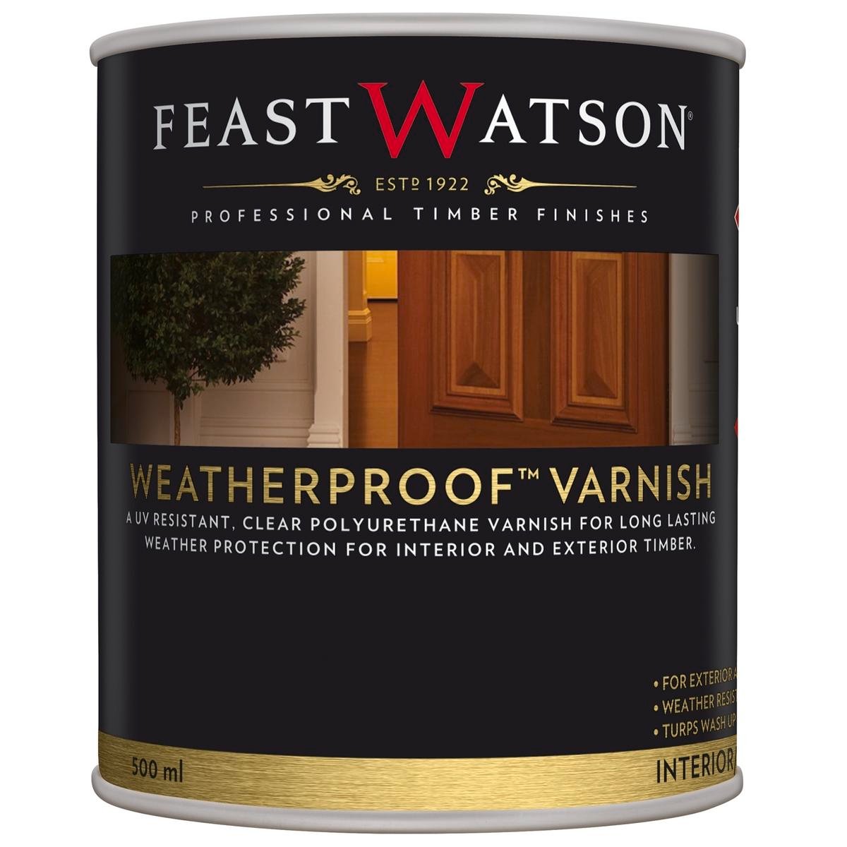 Feast Watson 500ml Satin Clear Weatherproof Timber Varnish - Solvent Based, UV Resistant, Waterproof