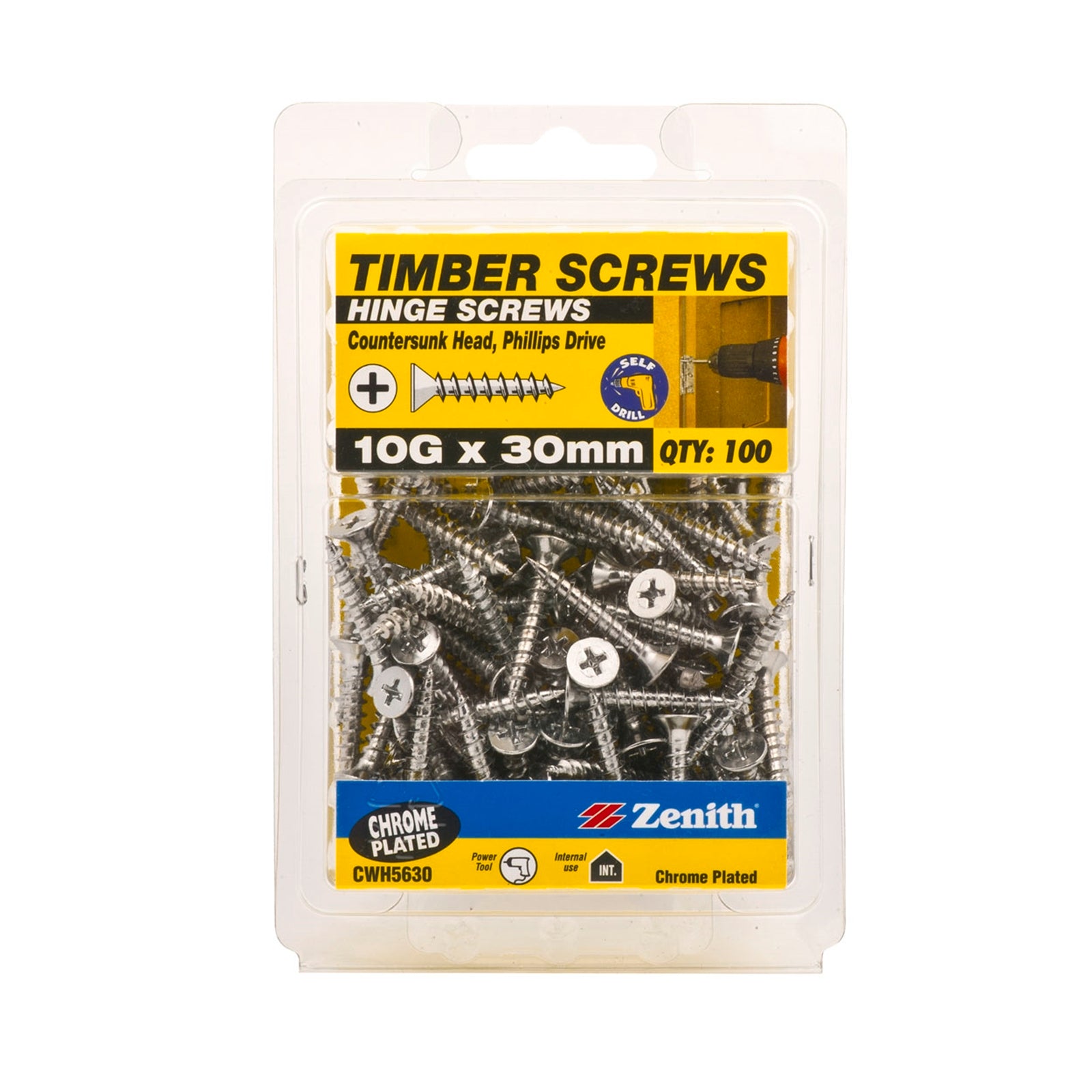 Zenith 10G x 30mm Chrome Plated Countersunk Hinge Timber Screw - 100 Pack