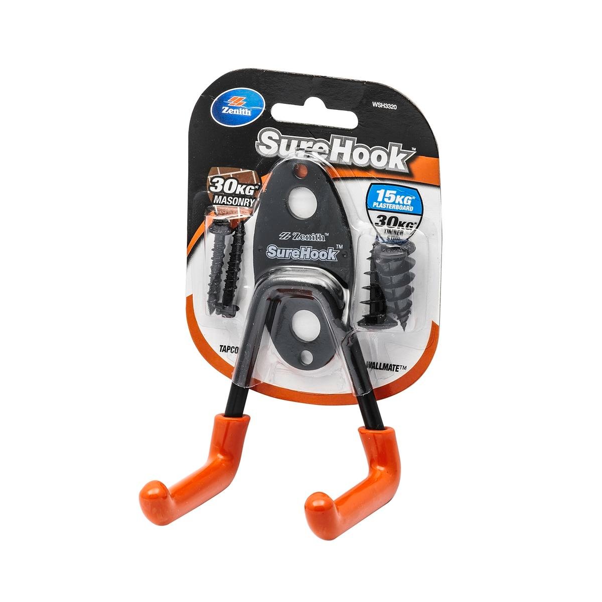 Zenith SureHook 15/30kg Black Small Garage U Hook - Carbon Steel, Rubberised Coating