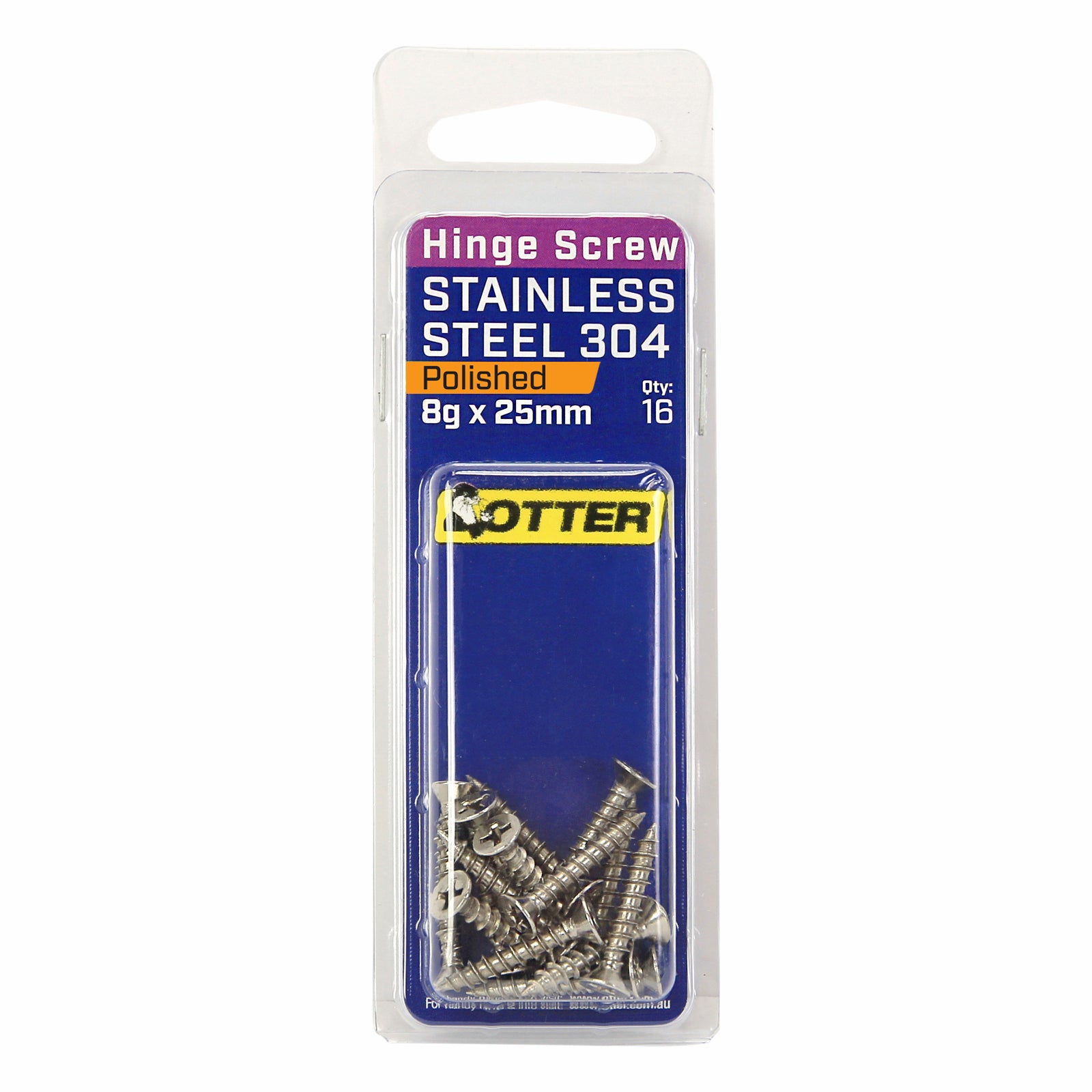 Otter 8 x 25mm Polished Stainless Steel 304 Hinge Screws - 16 Pack