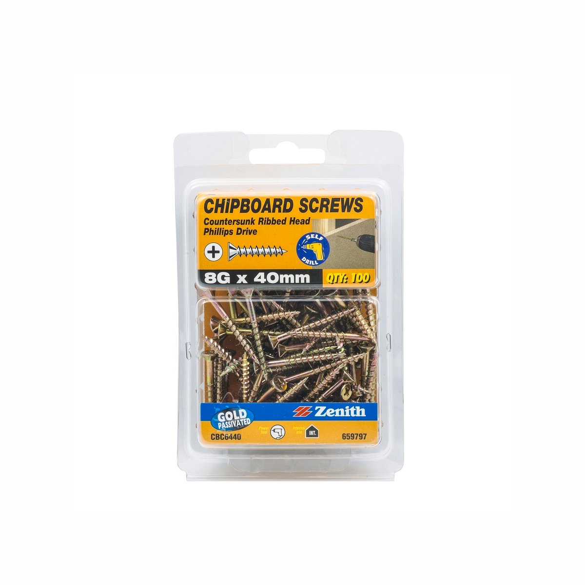 Zenith 8G x 40mm Gold Countersunk Rib Head Chipboard Screws - 100 Pack