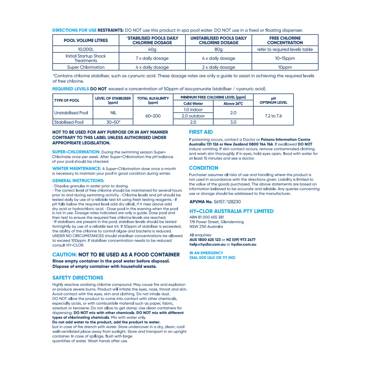 Hy-Clor Granular Pool Chlorine 4kg Calcium Hypochlorite Granules