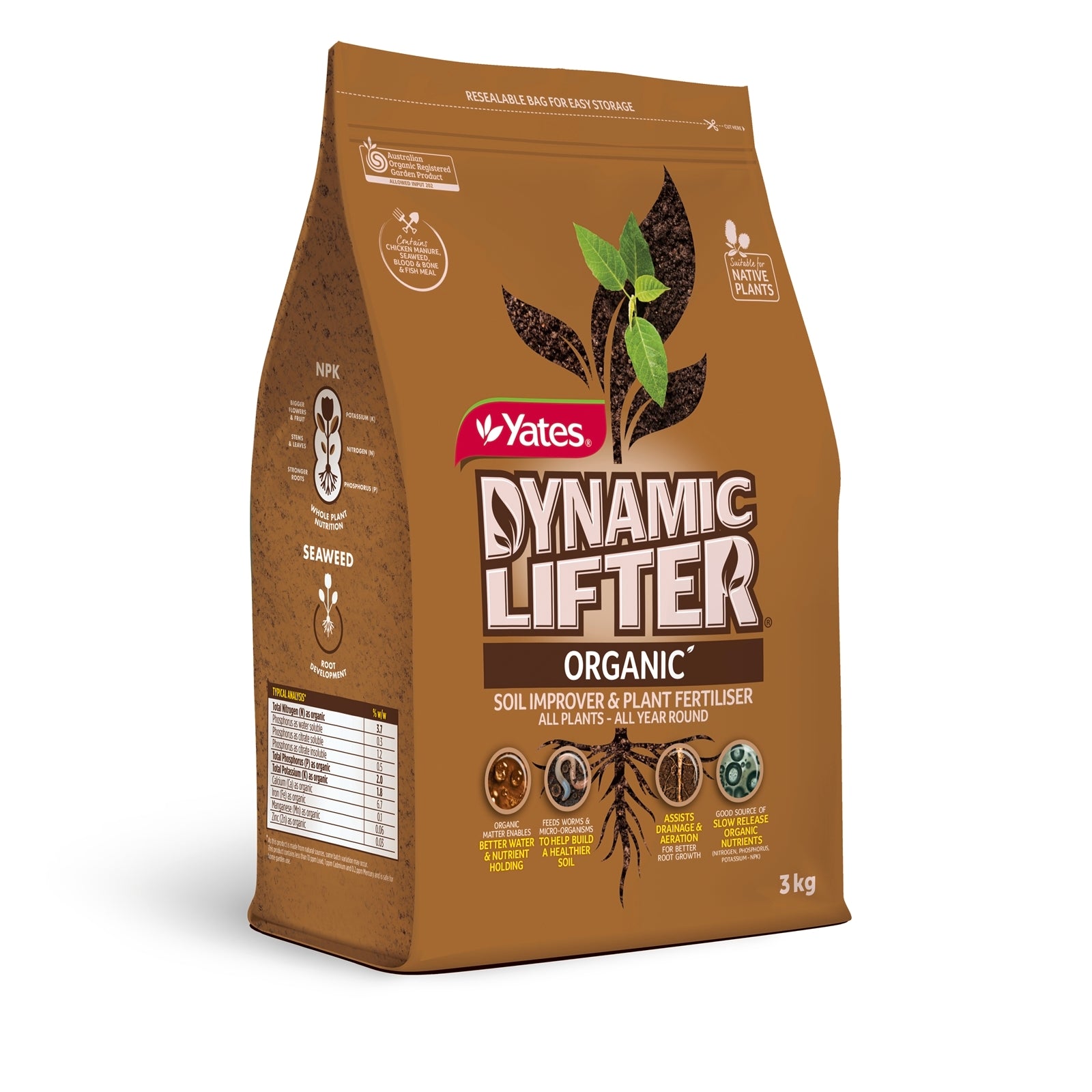 Yates 3kg Dynamic Lifter Organic Soil Improver & Plant Fertiliser Pellets for All Plants
