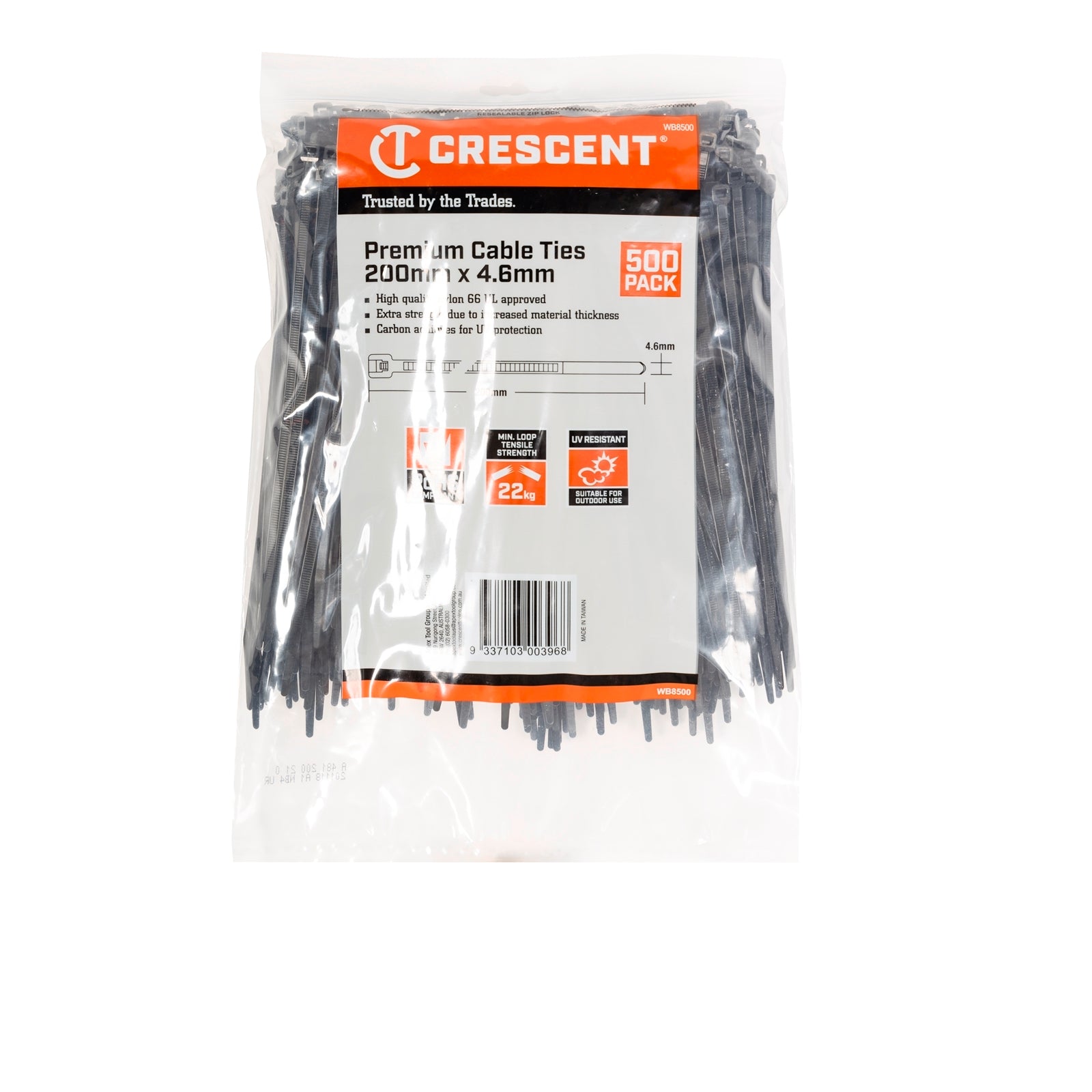 Crescent 200 x 4.6mm Black Nylon UV Resistant Cable Ties 500 Pack WB8500