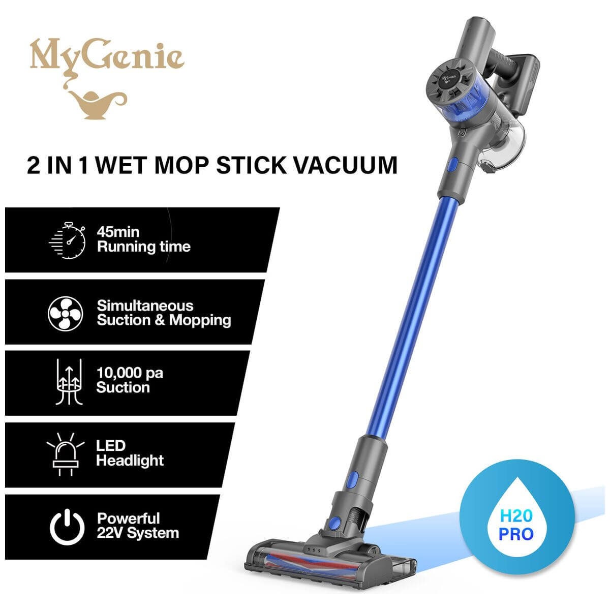 MyGenie H20 Pro cordless stick vacuum and wet mop - 2-in-1 cleaning, cyclonic filtration, blue - 10003142