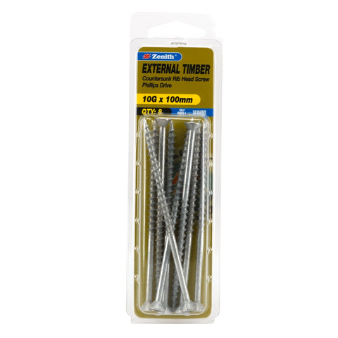 Zenith 10G x 100mm Galvanised Countersunk Rib Head External Timber Screws 8 Pack