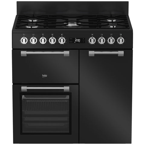 Beko 90cm dual fuel freestanding cooker - Black, 184L, three ovens, 5 gas burners - BRC916GMB