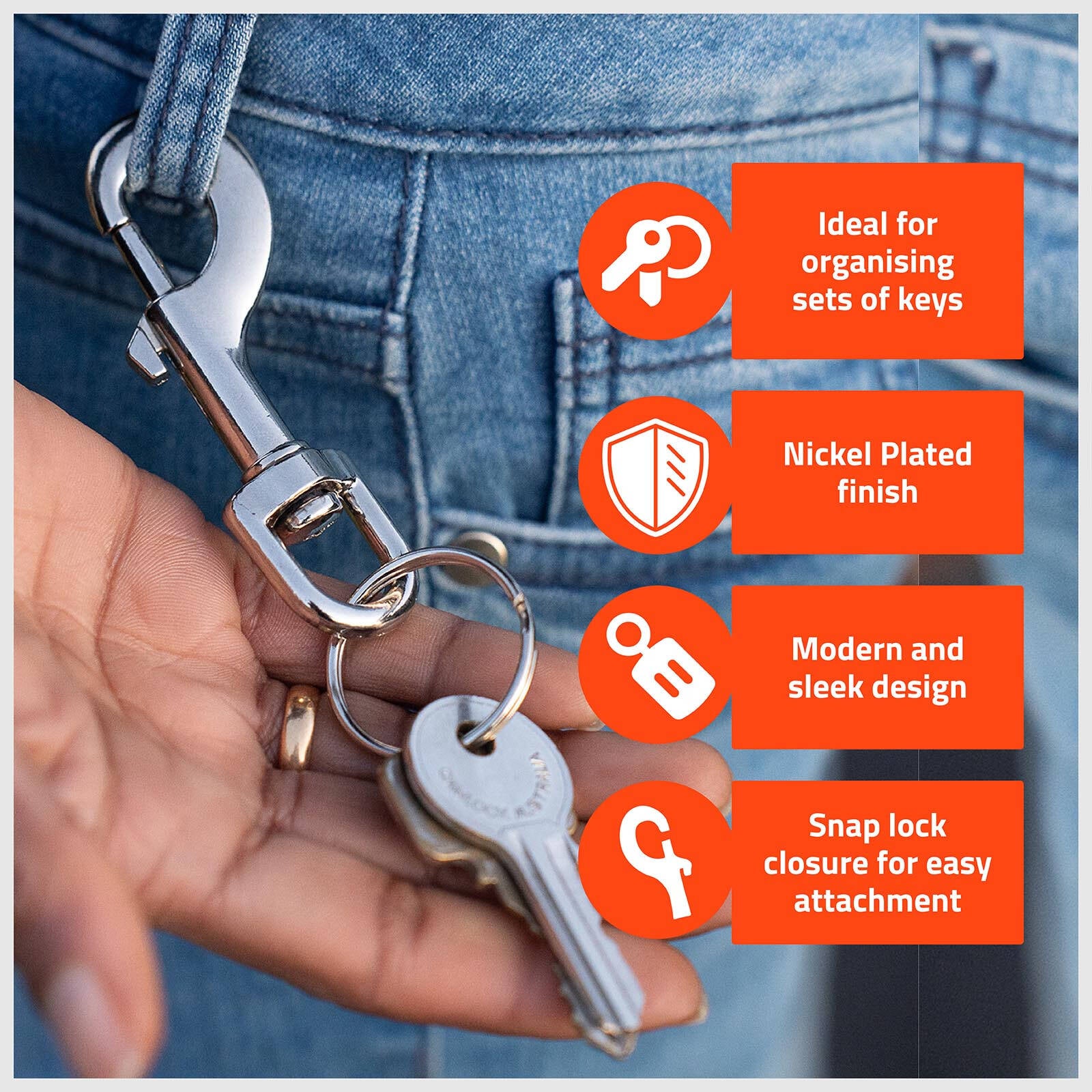 Taskmaster Nickel Plated Zinc Snap Hook with Key Ring 81 x 12mm - 4 Pack