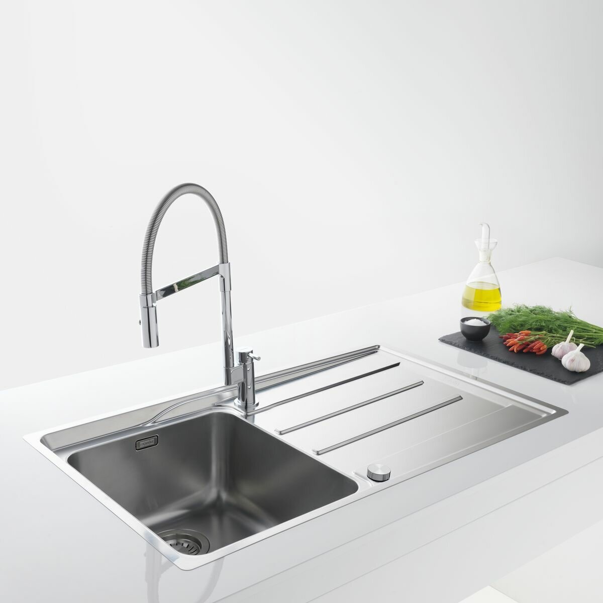 Franke Aton single bowl sink with right hand drainer - 18/10 stainless steel, push button waste - ANX211RHD