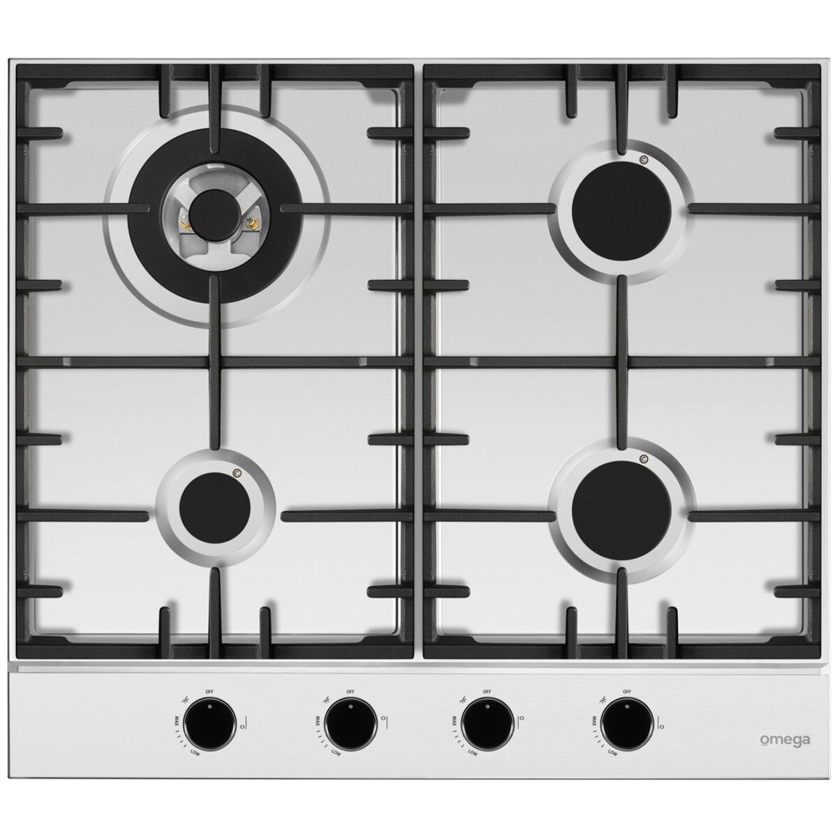 Omega 60cm Natural Gas Cooktop - Stainless Steel, Wok Burner, SafeSlide Cast Iron Trivets - OCG604WX