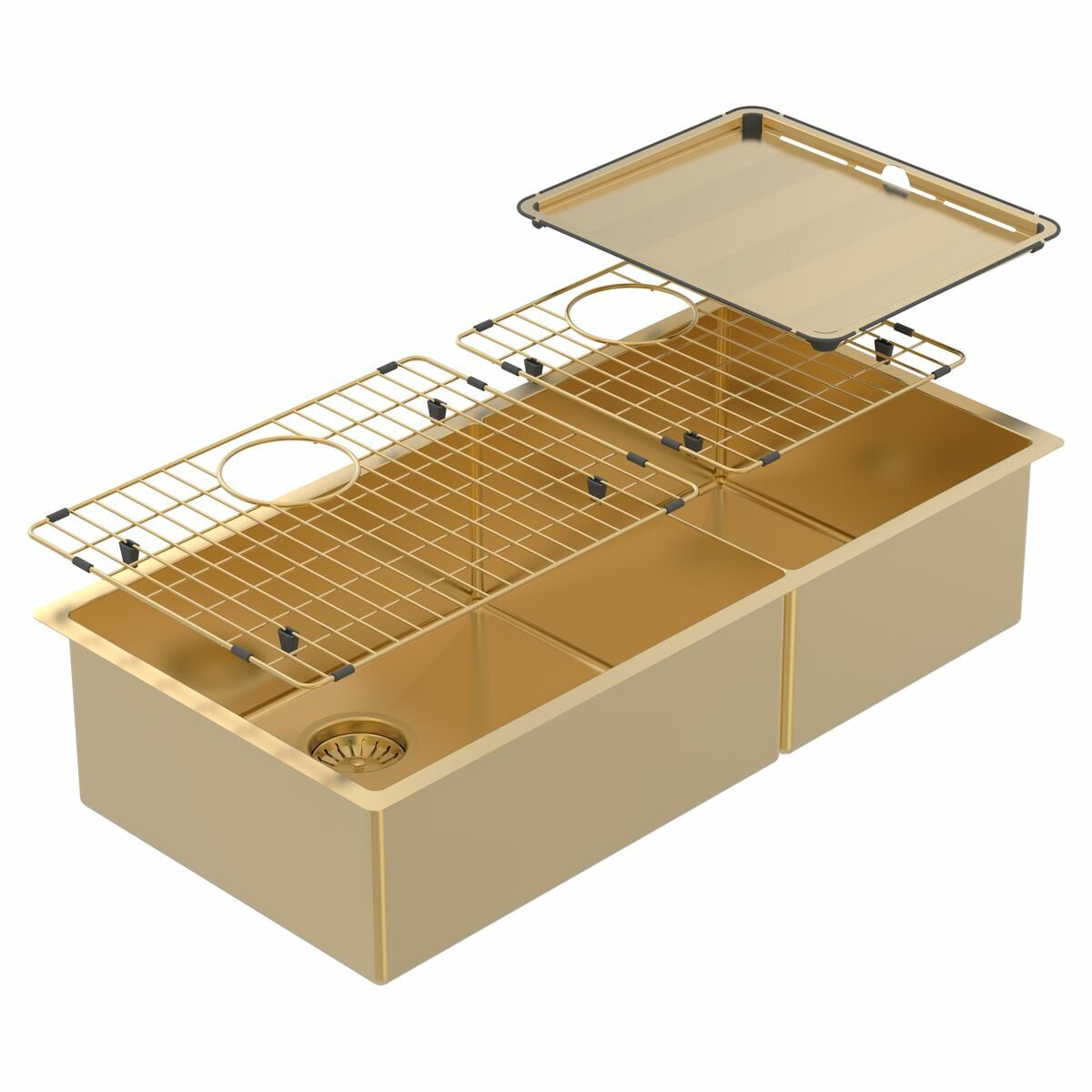 Abey Piazza 1 and 3/4 bowl sink - Eureka Gold finish - removable drainer - clips supplied - CR500DG
