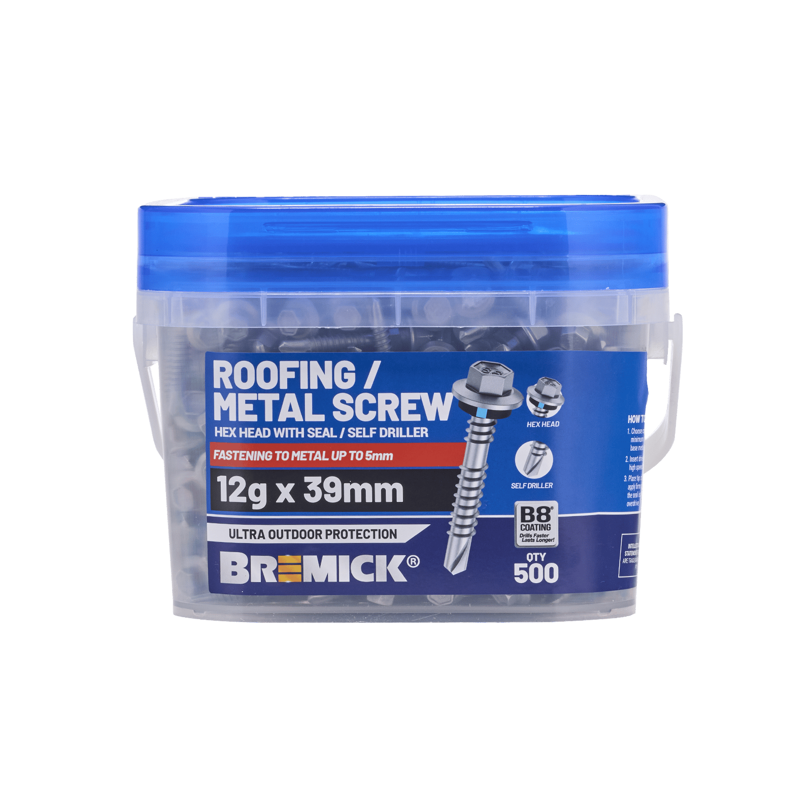 Bremick 12g x 39mm B8 Hex Roofing Screw Drill Point Carbon Steel - Box 500