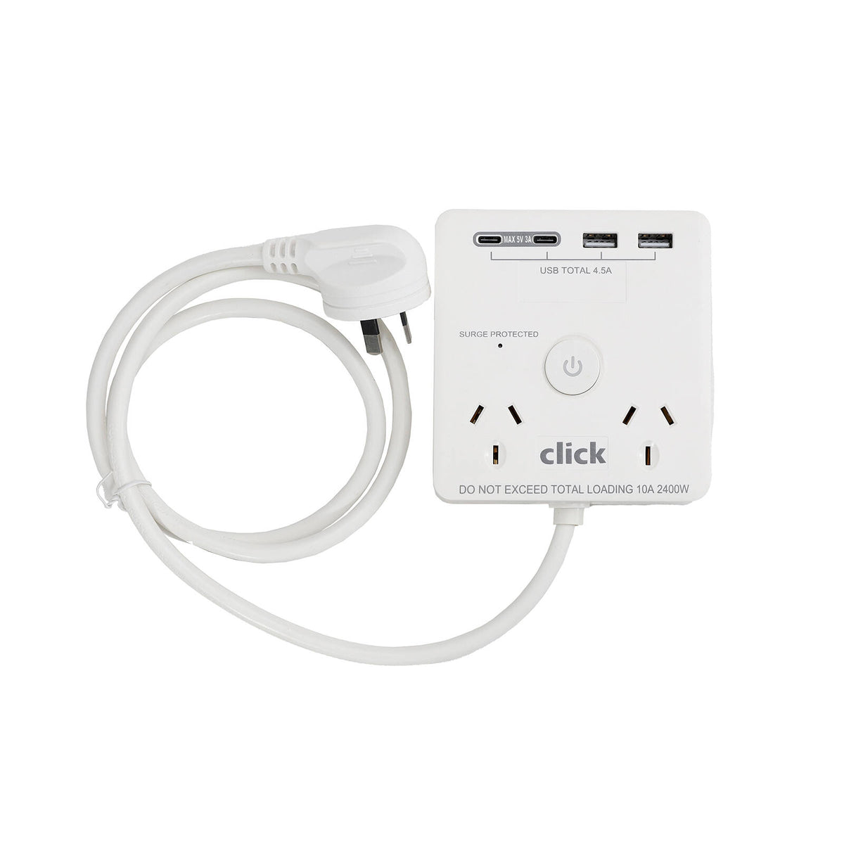 Click 2 Outlet Power Board with USB Charger Surge 2400W CPB2U