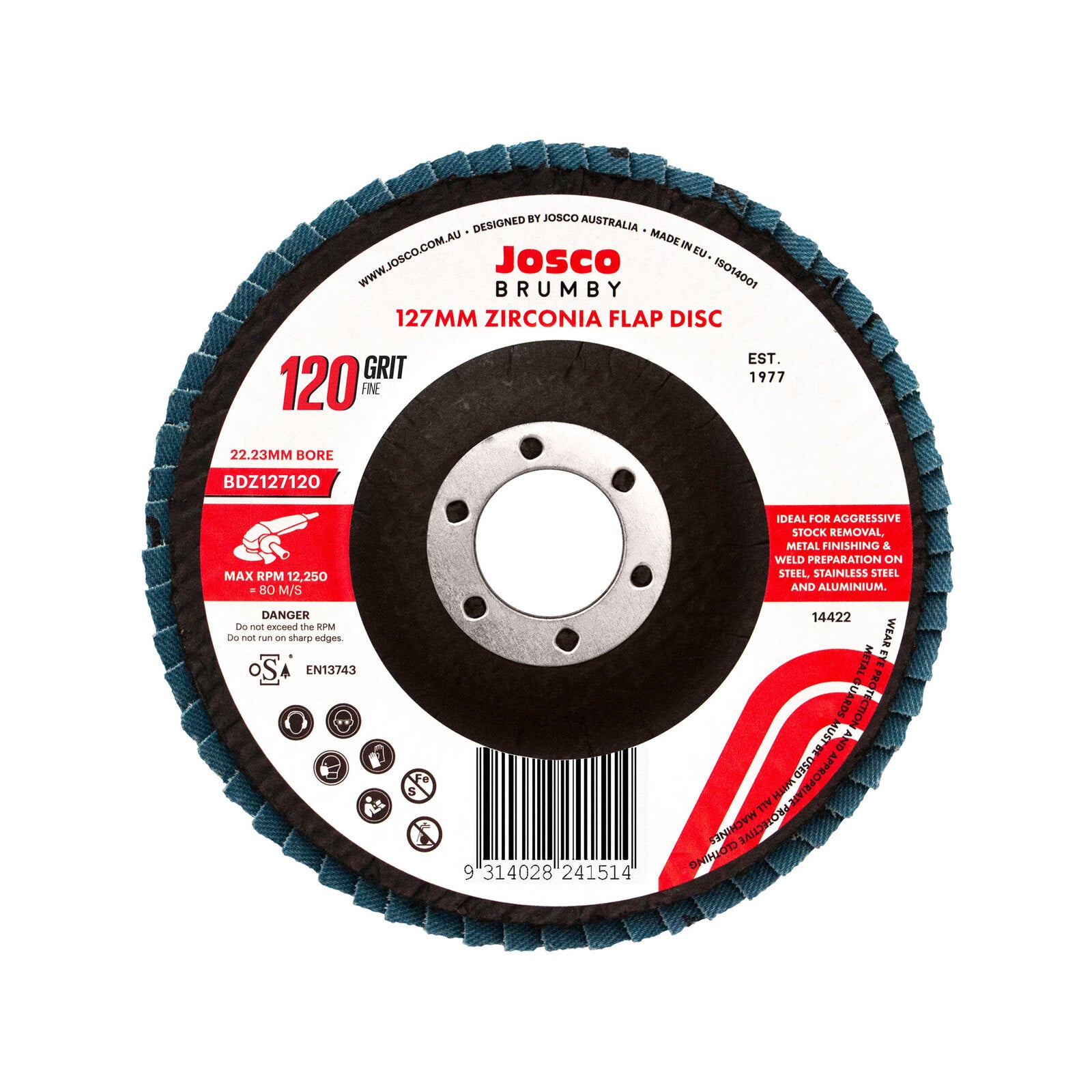 Josco 125mm 120 Grit Extra Fine Zirconia Flap Disc