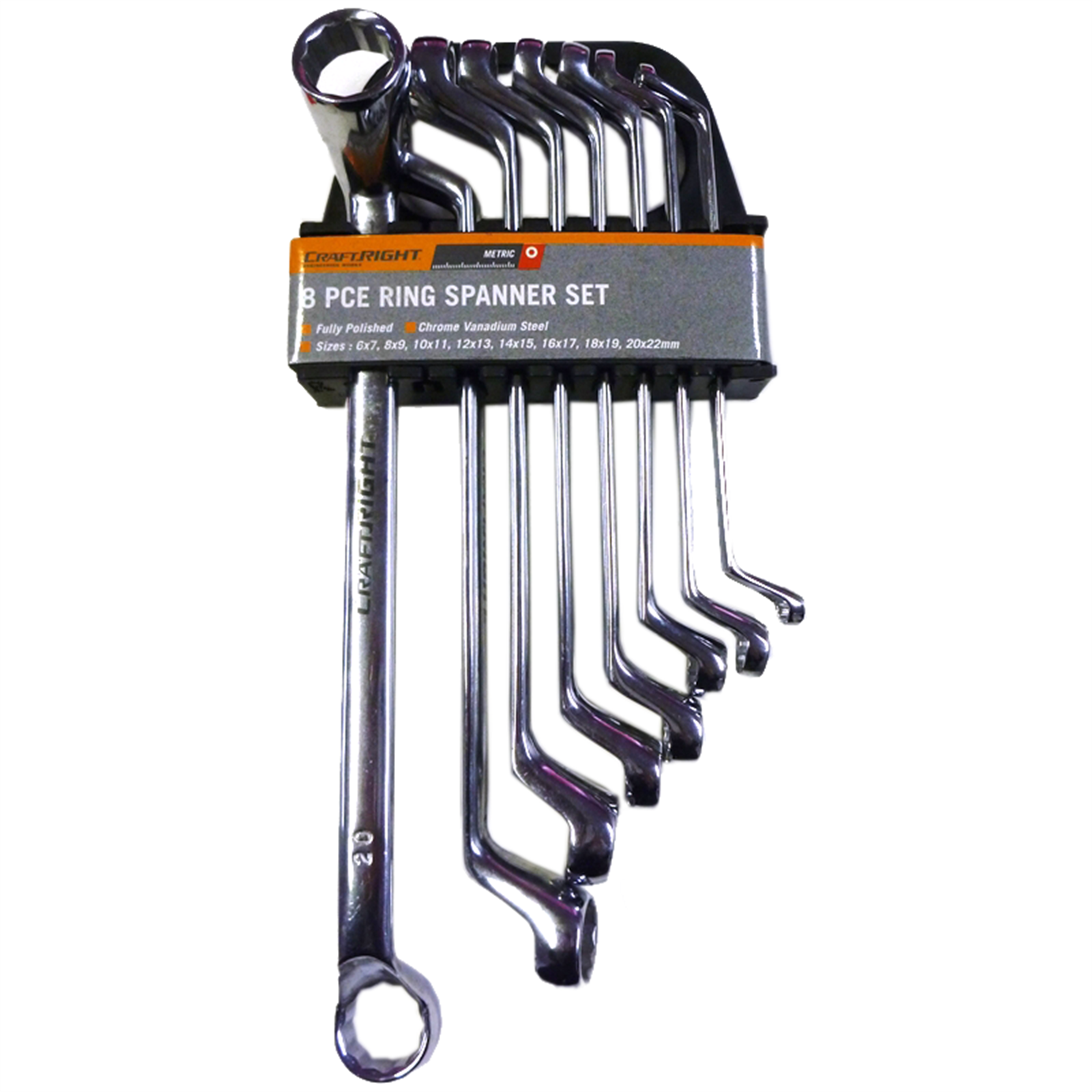 Craftright 8 Piece Ring Spanner Set, 6x7mm to 20x22mm, Chrome Steel, 12 Point