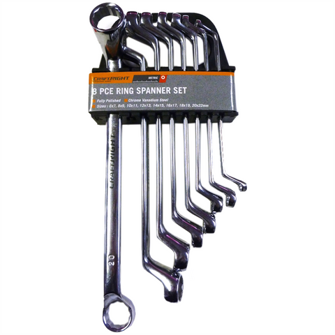 Craftright 8 Piece Ring Spanner Set, 6x7mm to 20x22mm, Chrome Steel, 12 Point