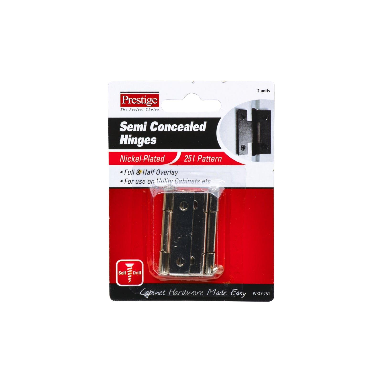 Prestige 45mm Nickel Plated Steel Semi Concealed Cabinet Hinge - 2 Pack