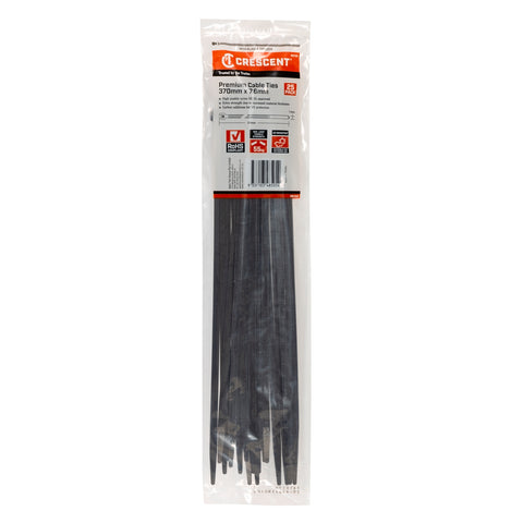 Crescent 370mm x 7.6mm Black Heavy Duty UV Resistant Cable Ties - 25 Pack