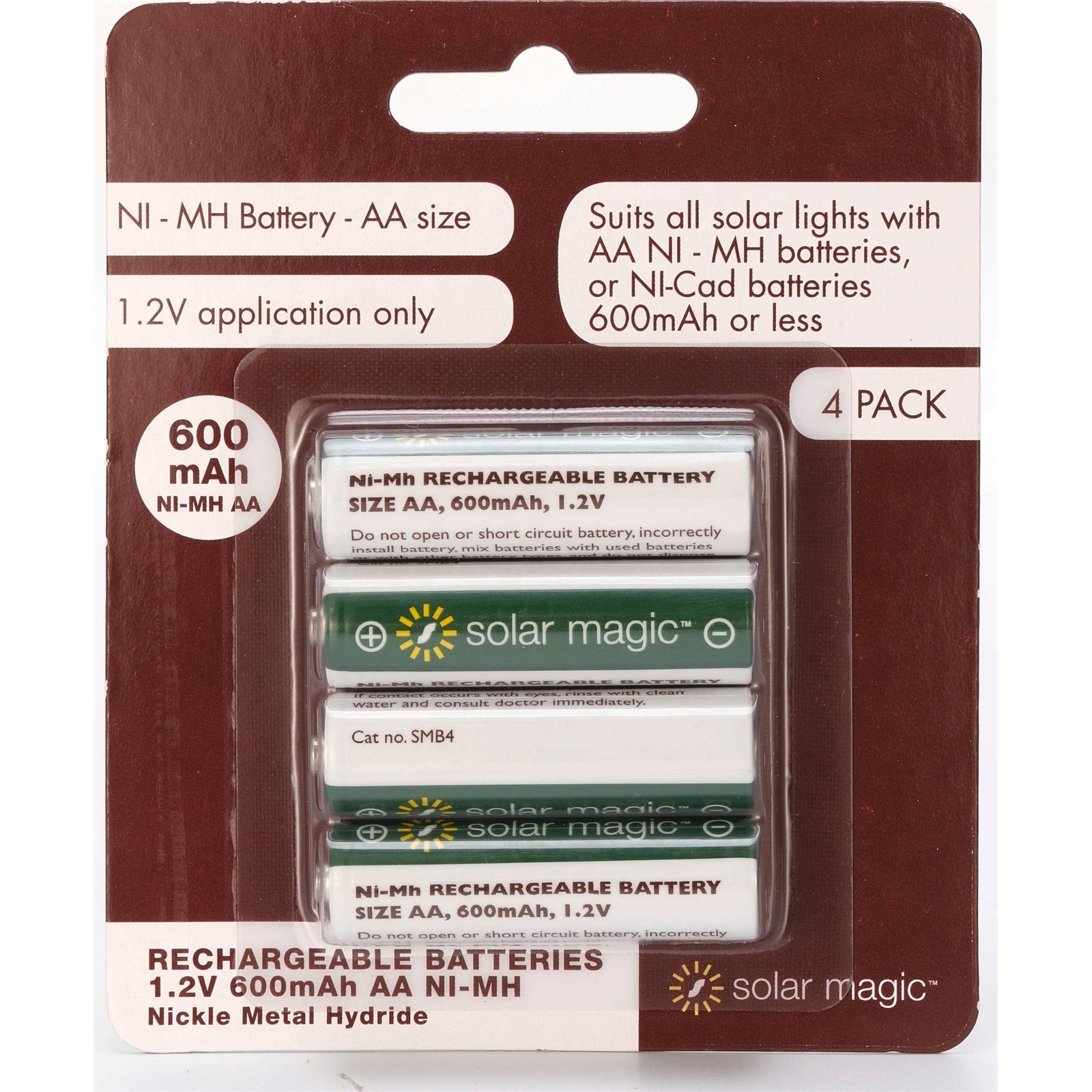 Solar Magic NiMH 1.2V AA 600mAh Rechargeable Battery - 4 Pack SMB4