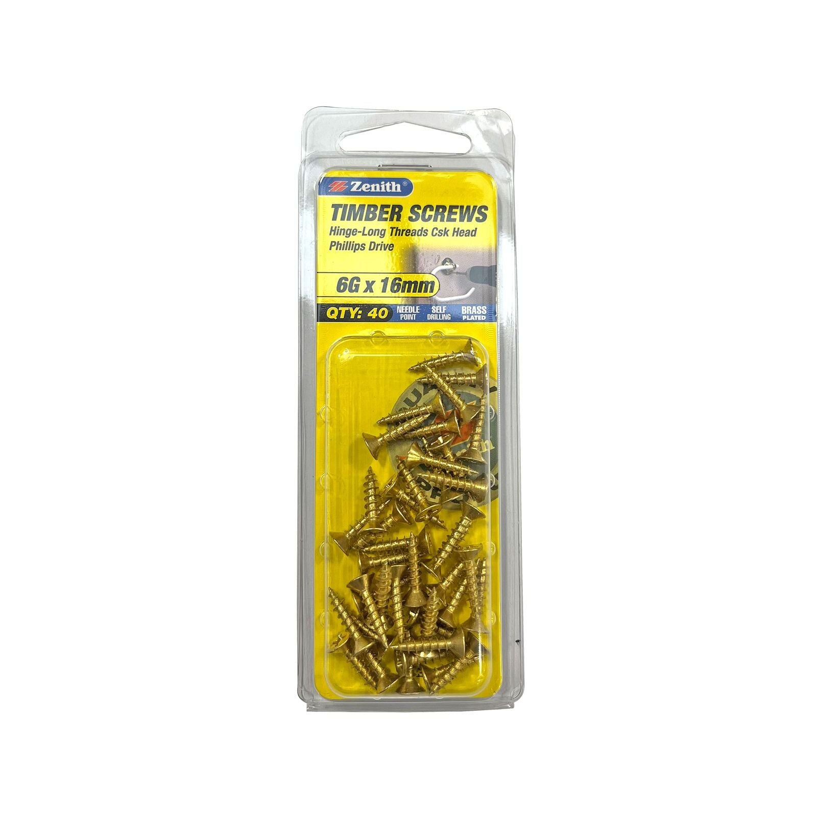 Zenith 6G x 16mm Brass Plated Hinge-Long Thread Countersunk Timber Screws, 40 Pack