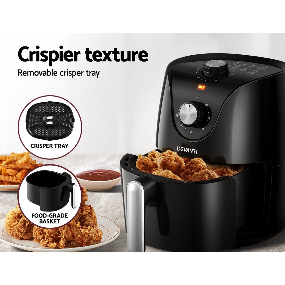 Devanti 2.5L Air Fryer with Knob Control - Black & Silver
