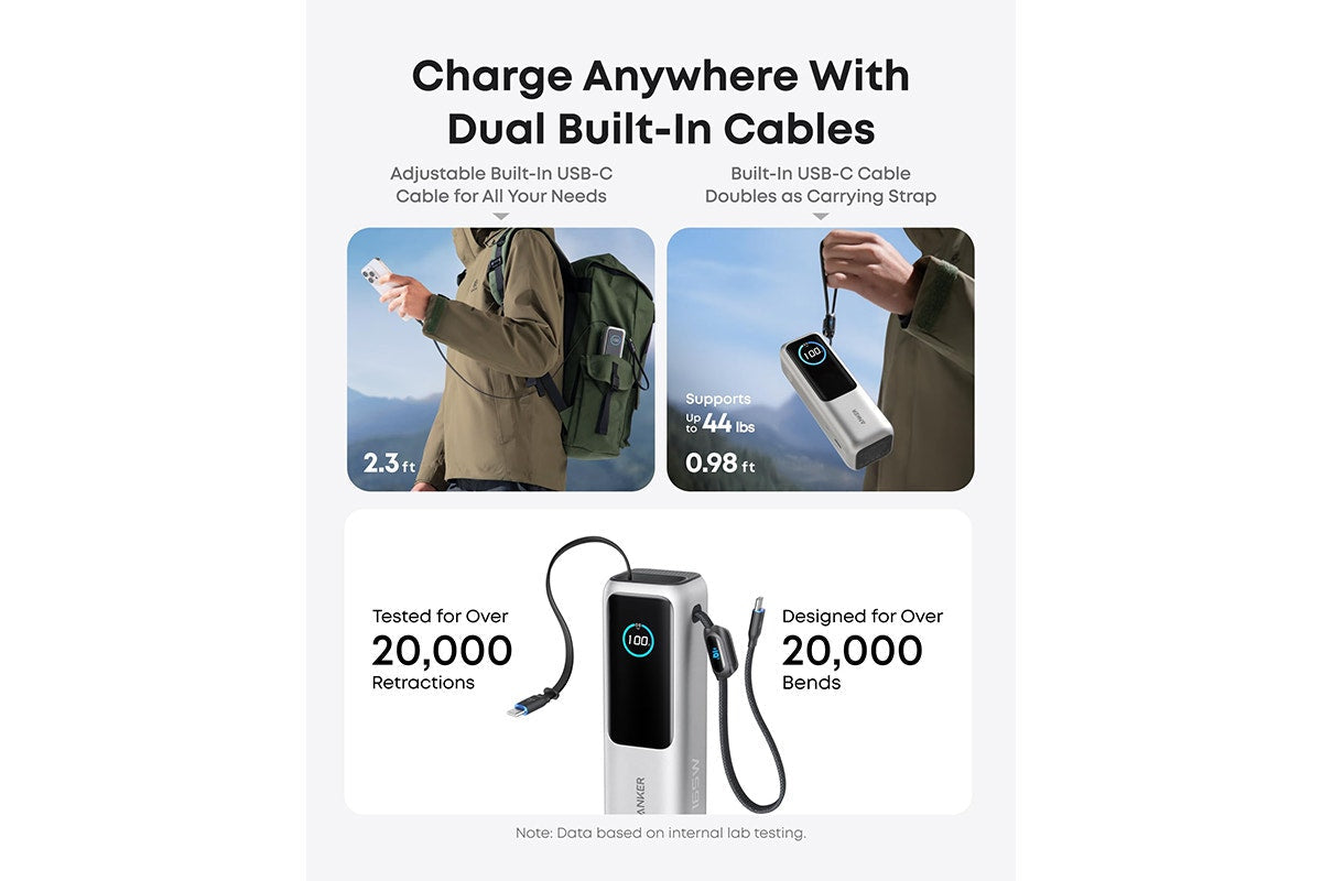 Anker 25K 165W Power Bank with Built-in Retractable Cables (Silver)