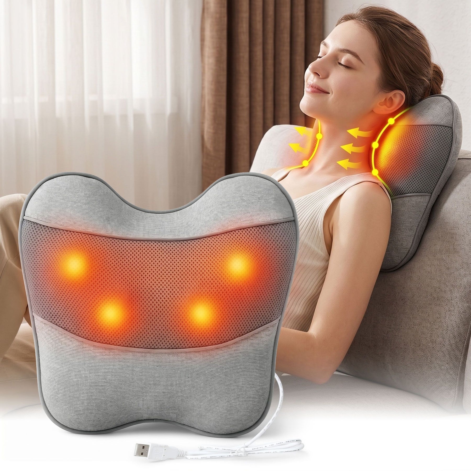 Livemor USB Heated Back Massage Pillow Grey for Neck Back Legs and Lumbar Support