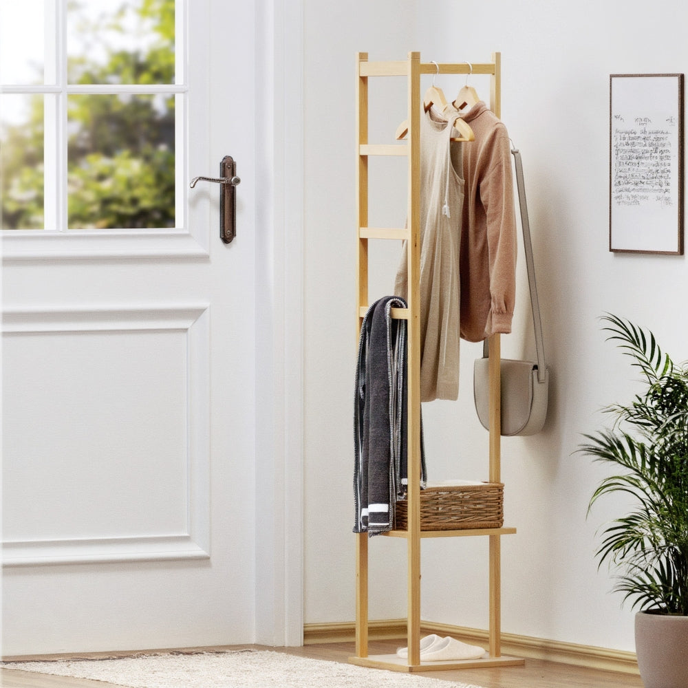 Artiss Bamboo Clothes Rack Airer Coat Stand with Hanging Rail and Shelf