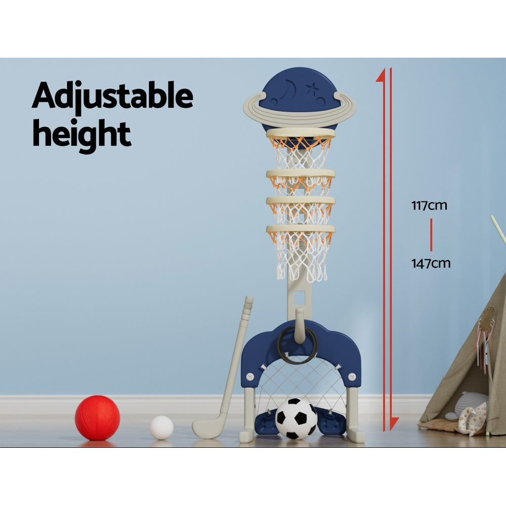 Keezi Kids Basketball Hoop Stand Adjustable 6-in-1 Sports Center Toys Set Blue - SuperSaverAU - view 5