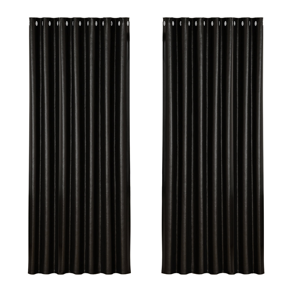 Artiss Blockout Curtains Eyelet 240x230cm Black Shine - Thermal Insulation, Noise Reduction - SuperSaverAU - view 1