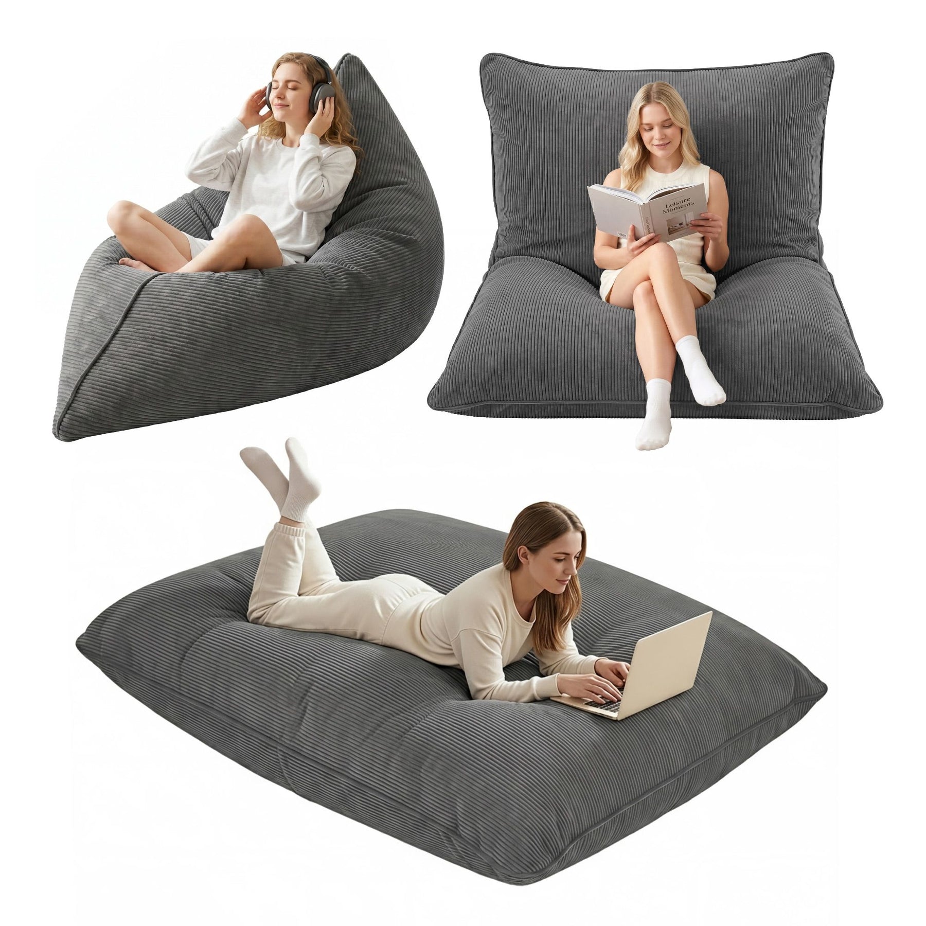 Artiss 3 in 1 Corduroy Bean Bag Chair Cover Grey