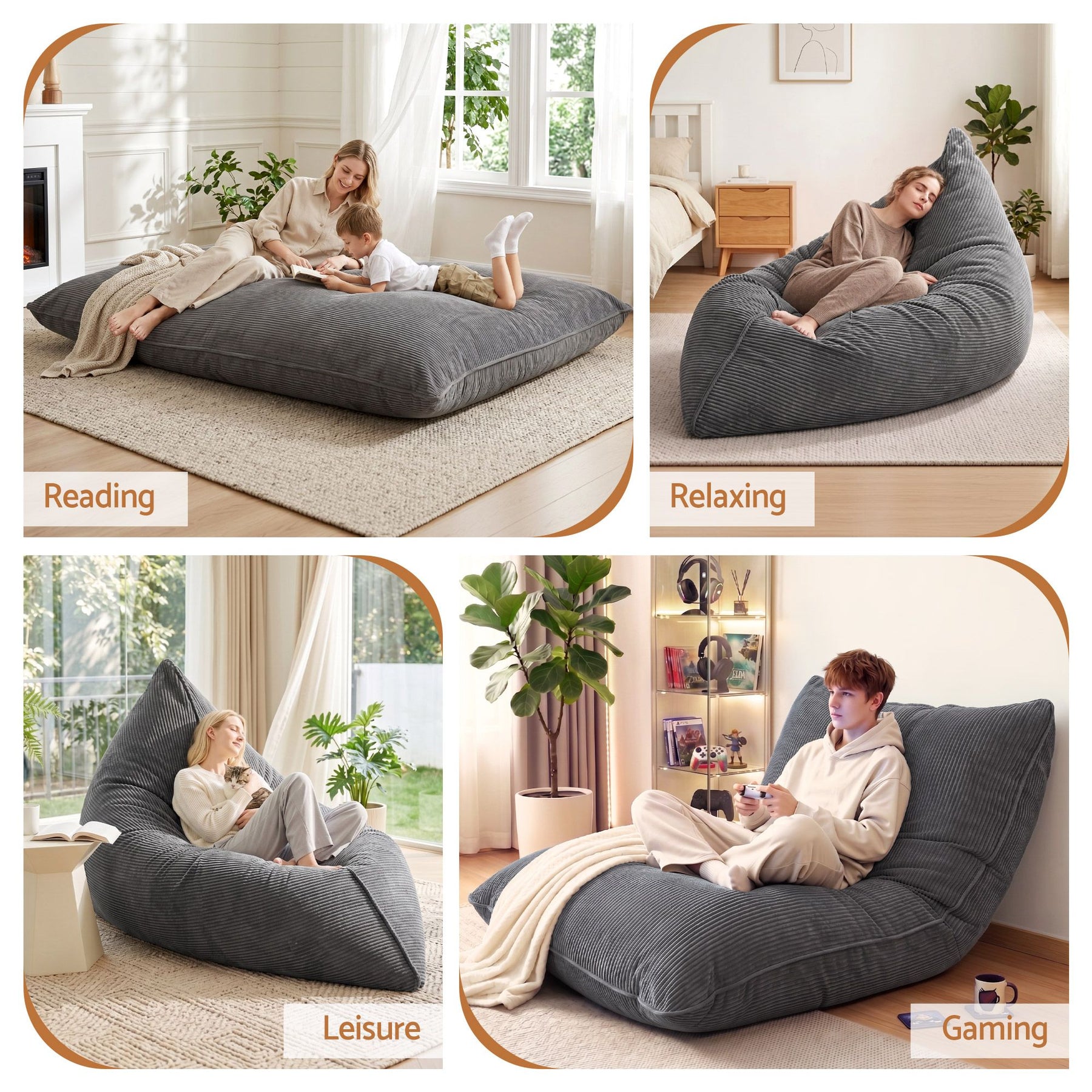 Artiss 3 in 1 Corduroy Bean Bag Chair Cover Grey
