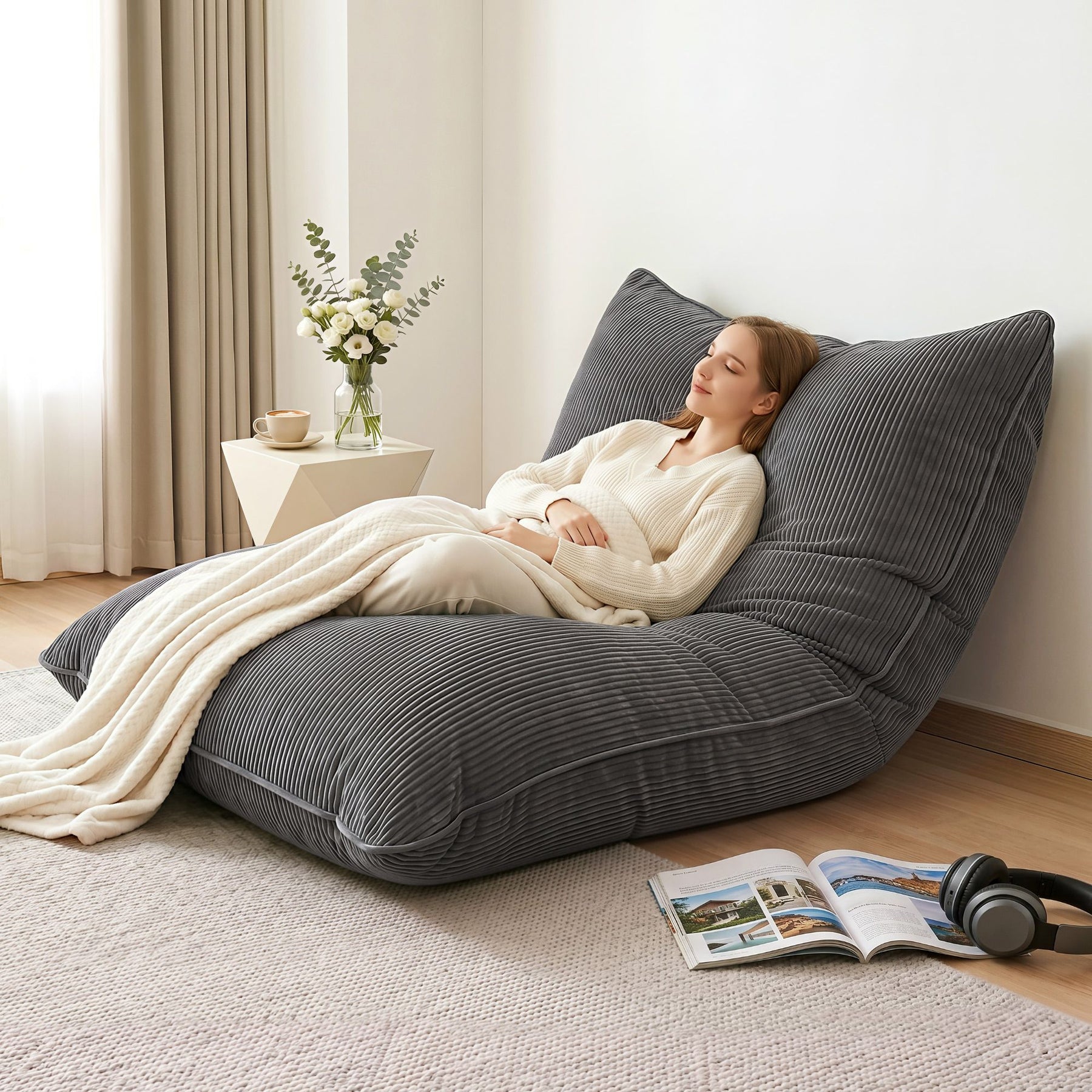 Artiss 3 in 1 Corduroy Bean Bag Chair Cover Grey