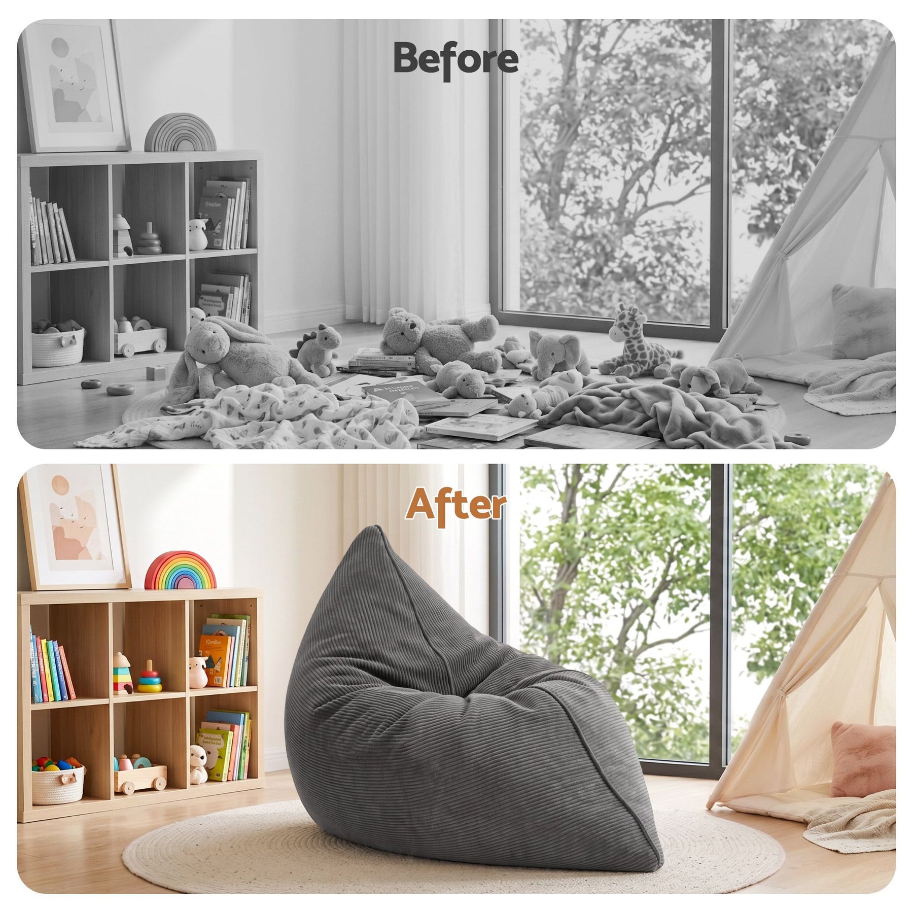 Artiss 3 in 1 Corduroy Bean Bag Chair Cover Grey