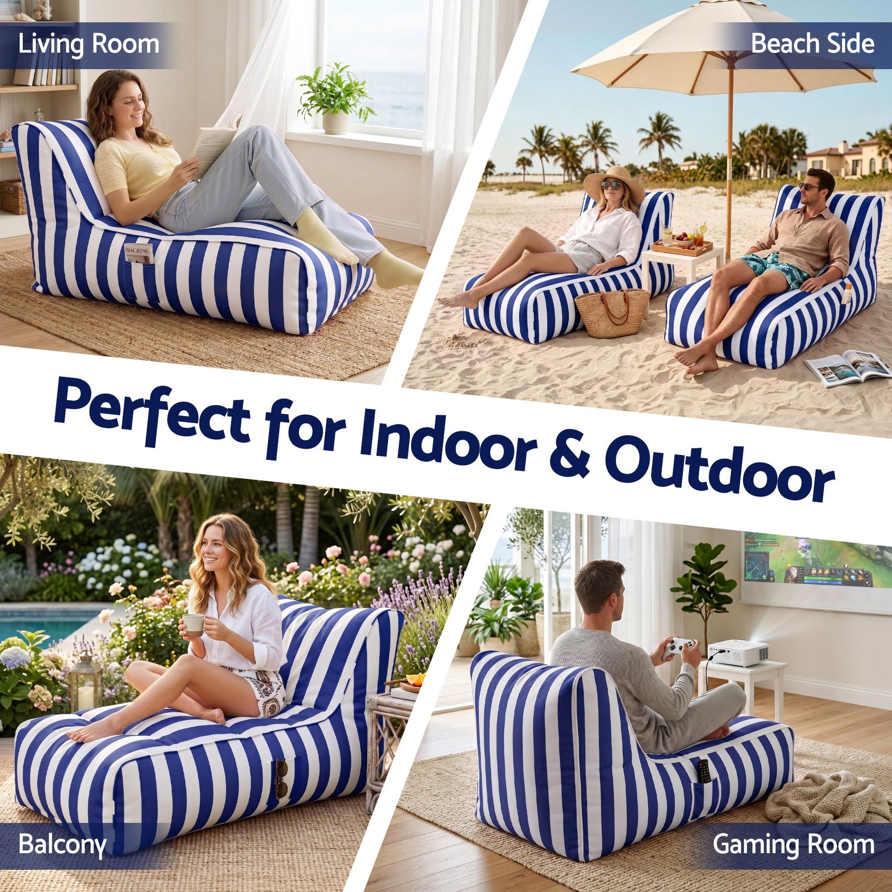 Artiss Outdoor L-Shaped Bean Bag Chair Cover - Blue & White