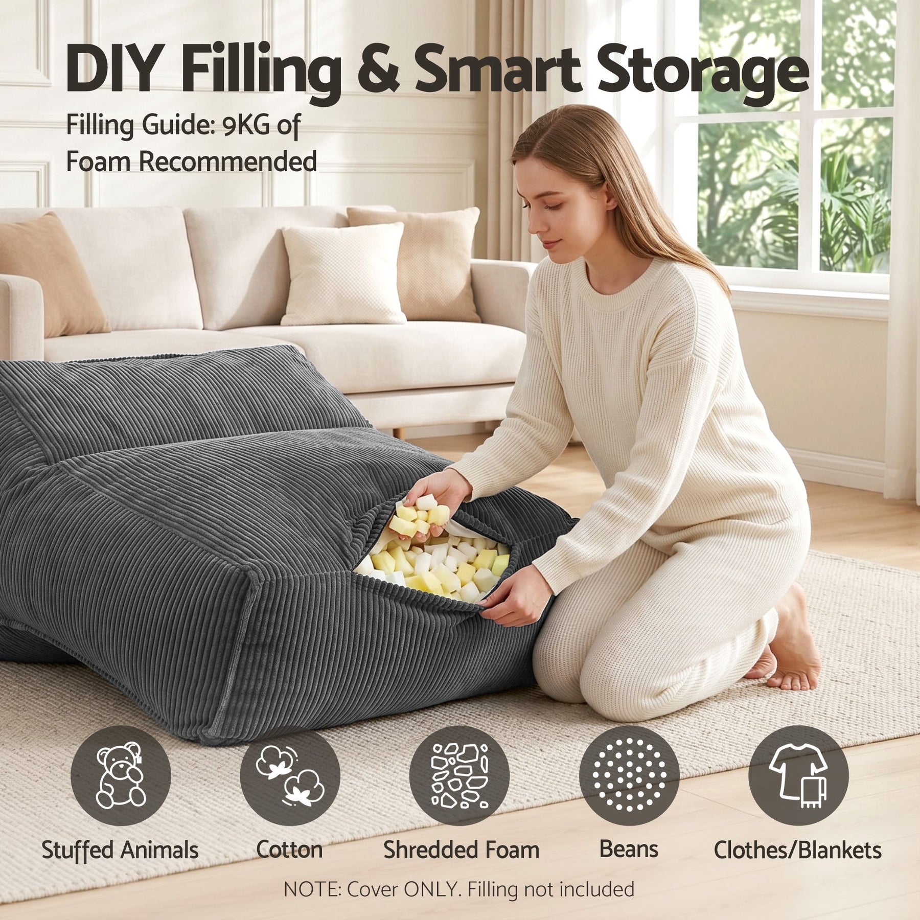 Artiss Corduroy L-Shaped Bean Bag Chair Cover - Grey