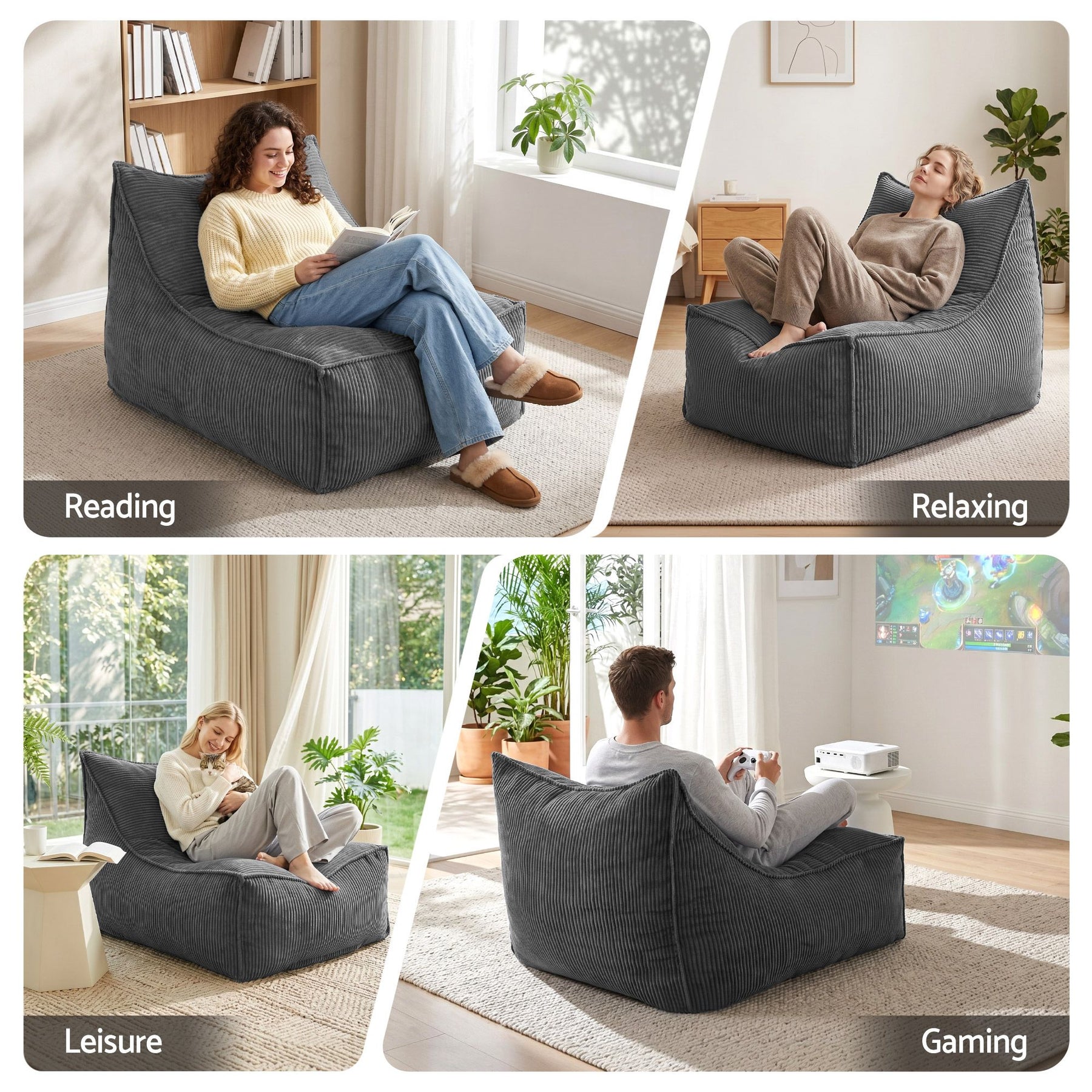 Artiss Corduroy L-Shaped Bean Bag Chair Cover - Grey