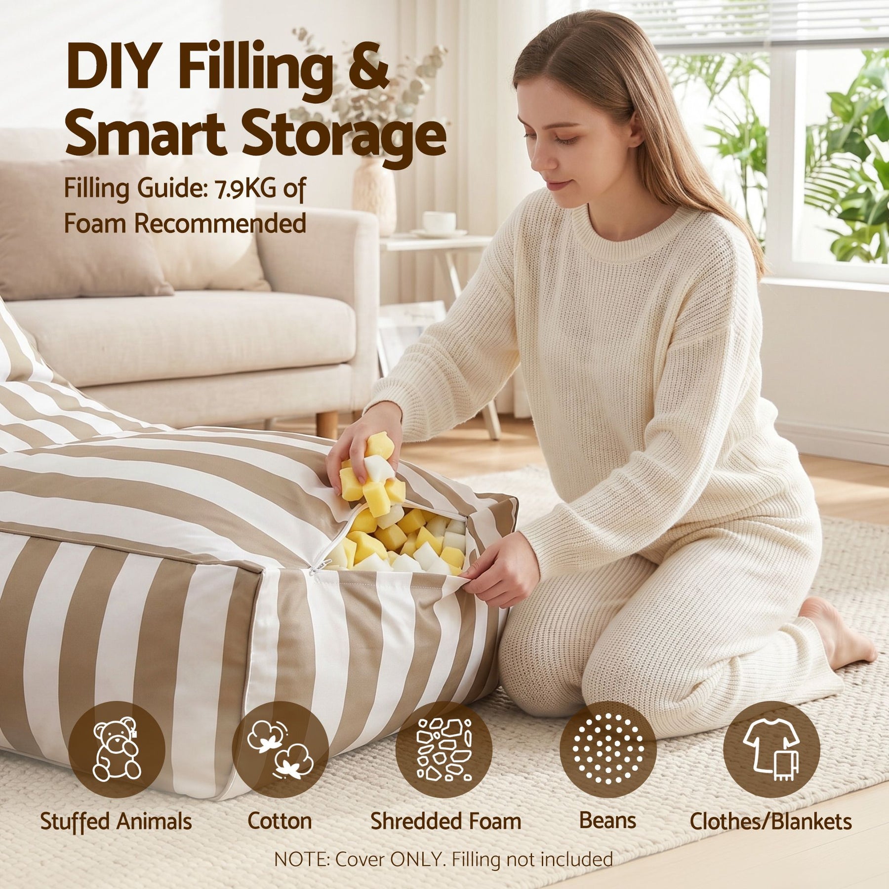 Artiss Outdoor L-Shaped Bean Bag Chair Cover - Taupe & White
