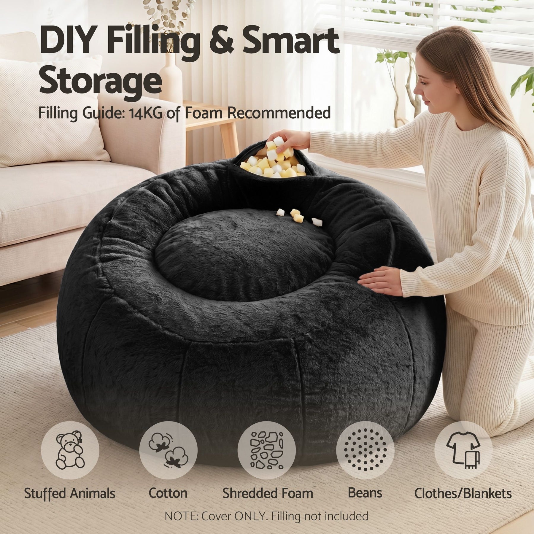 Artiss Faux Fur Round Bean Bag Chair Cover - Black