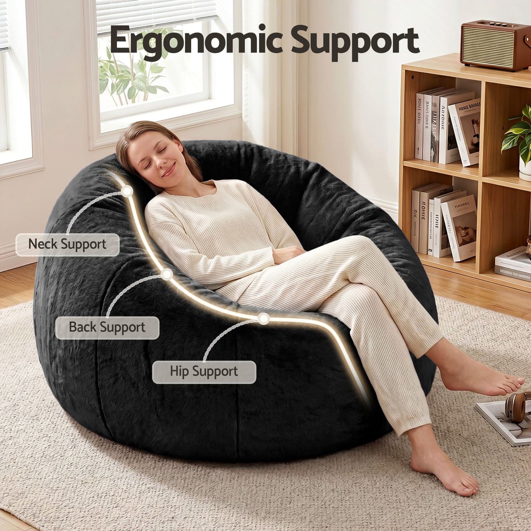 Artiss Faux Fur Round Bean Bag Chair Cover - Black