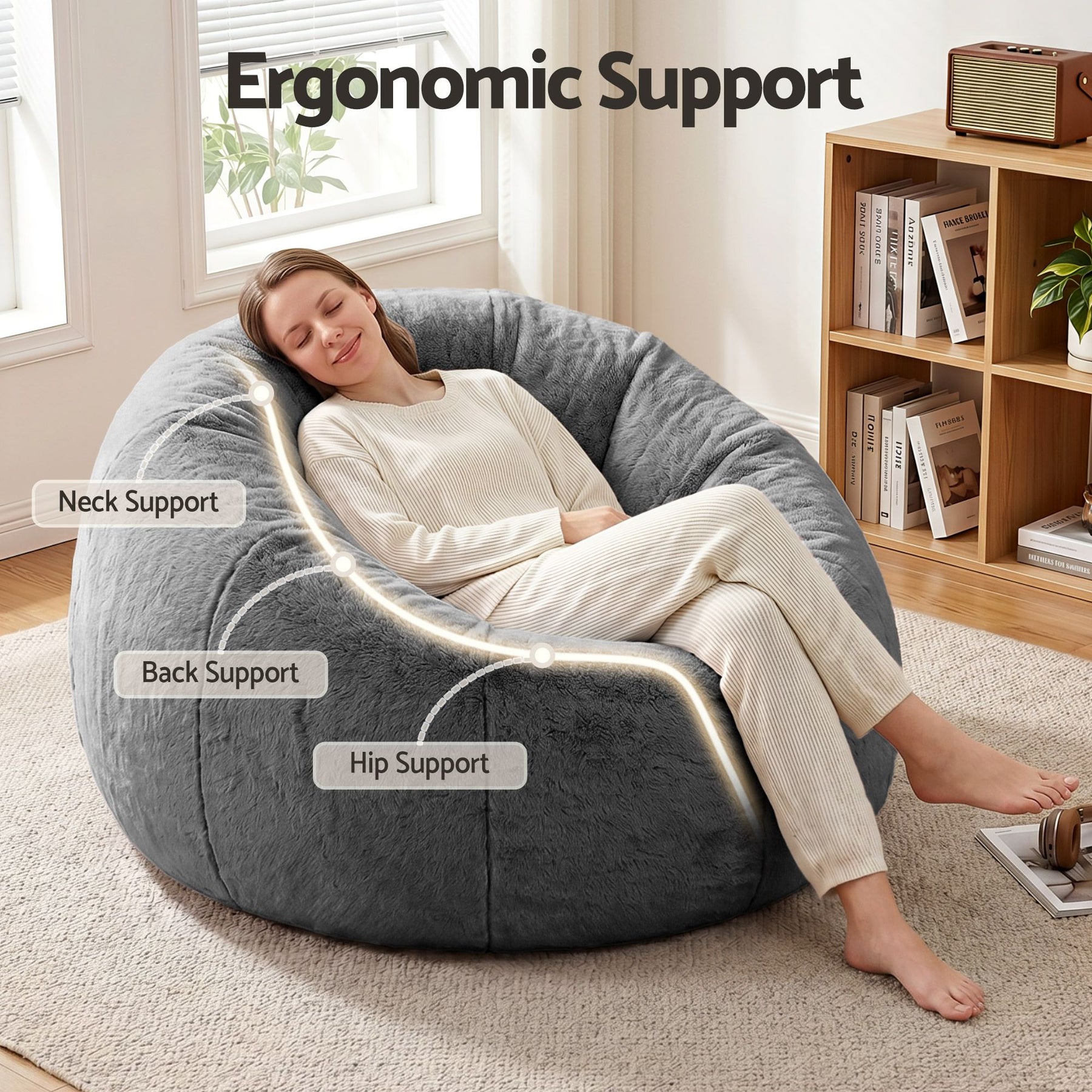 Artiss Faux Fur Round Bean Bag Chair Cover - Grey