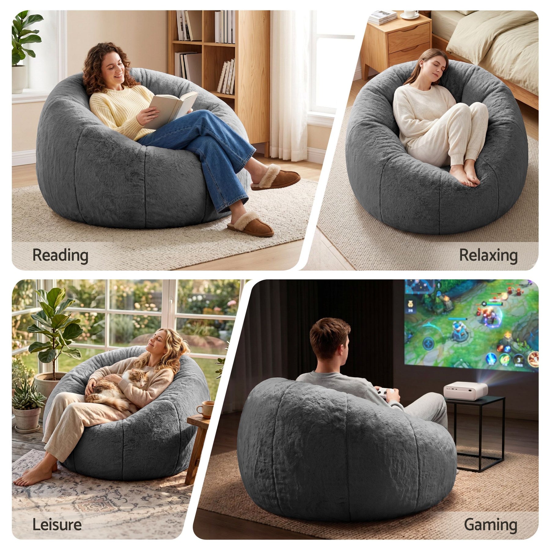 Artiss Faux Fur Round Bean Bag Chair Cover - Grey